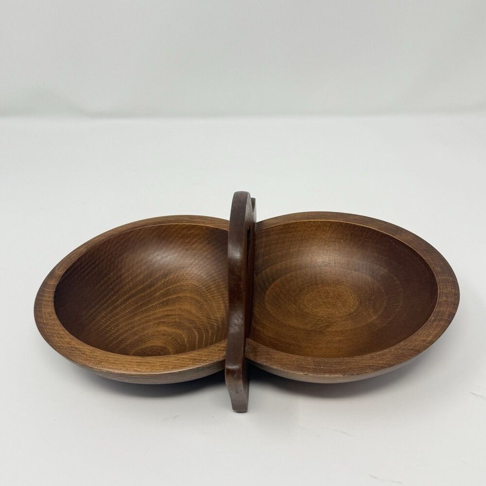 Vintage Woodcraftery Double Bowl Server 10" MCM Mid Century Modern Wood